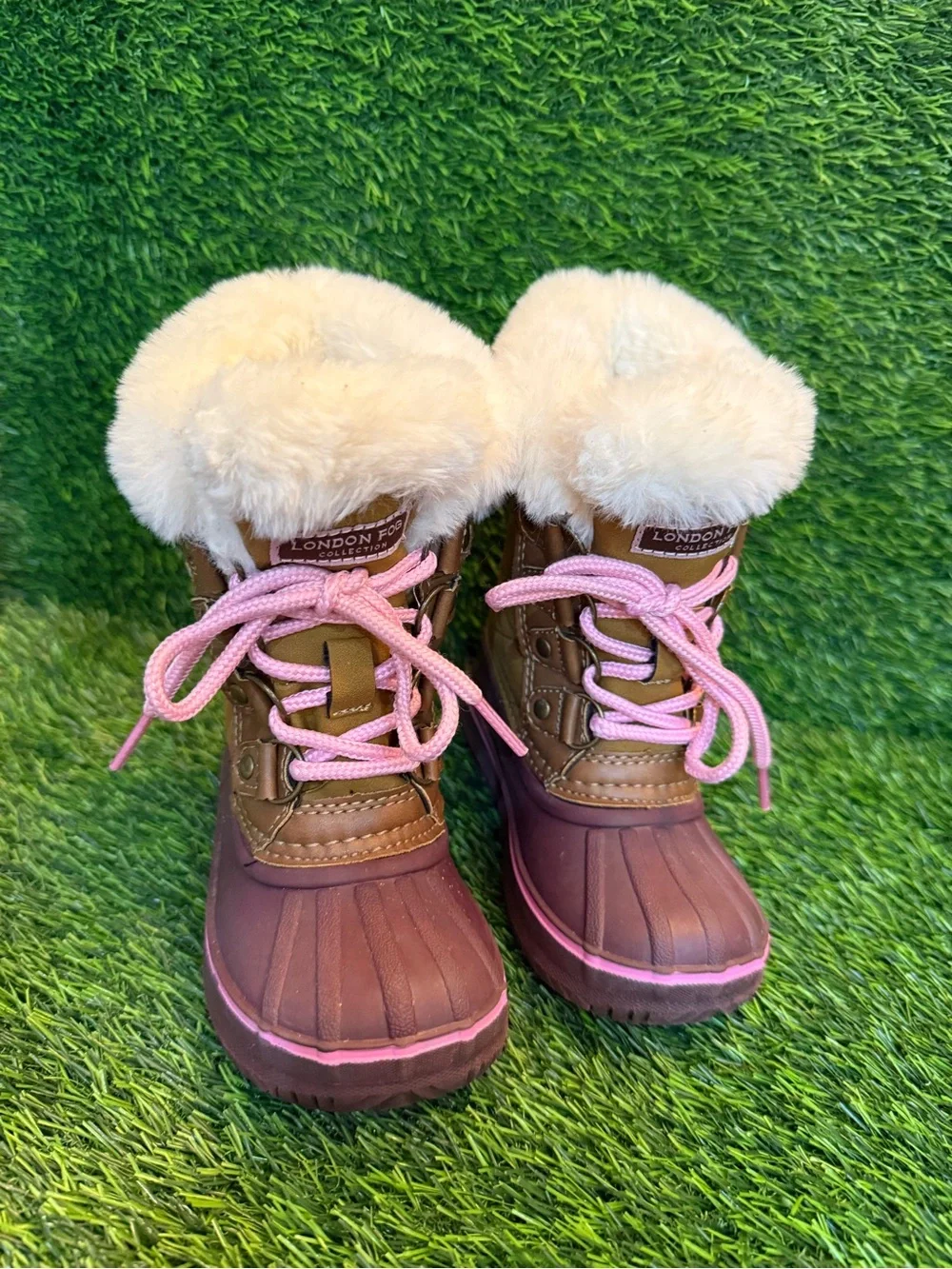London Fog youth girls Brown & Pink Faux Fur-Trim Winter Boots size 8c